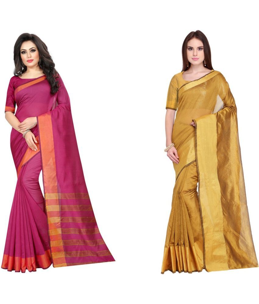     			Saadhvi Cotton Silk Applique Saree Without Blouse Piece - Yellow ( Pack of 2 )