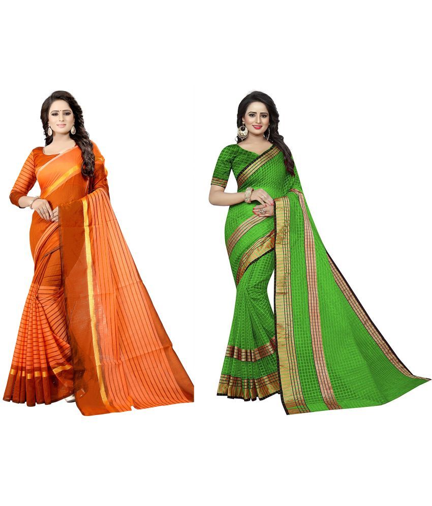     			Saadhvi Cotton Silk Applique Saree Without Blouse Piece - Orange ( Pack of 2 )