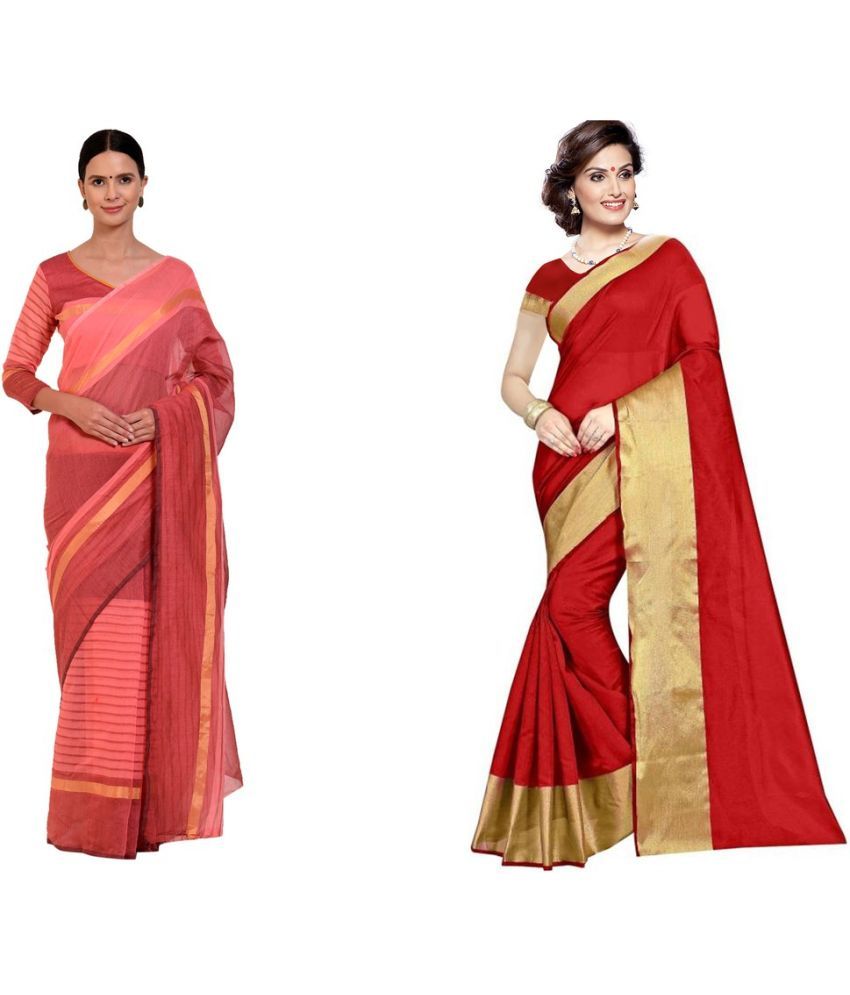     			Saadhvi Cotton Silk Applique Saree Without Blouse Piece - Red ( Pack of 1 )