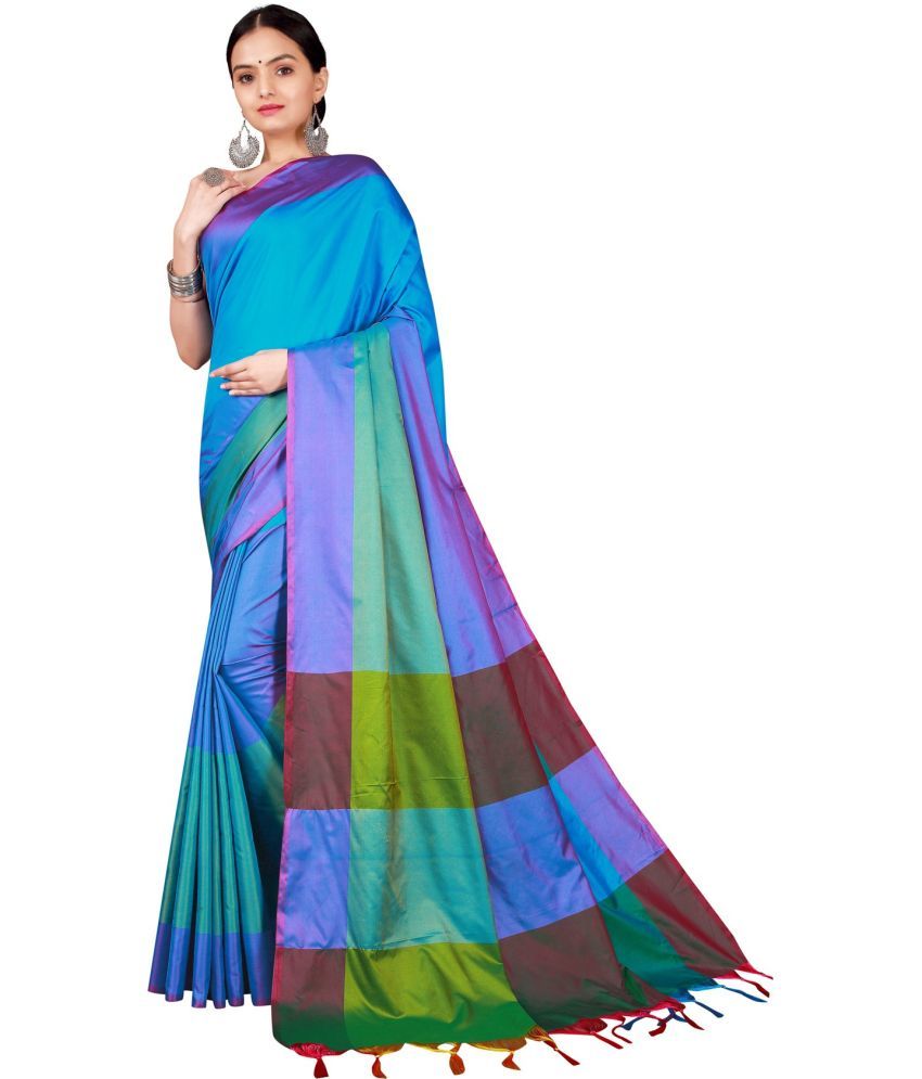     			Saadhvi Cotton Silk Applique Saree Without Blouse Piece - Blue ( Pack of 1 )