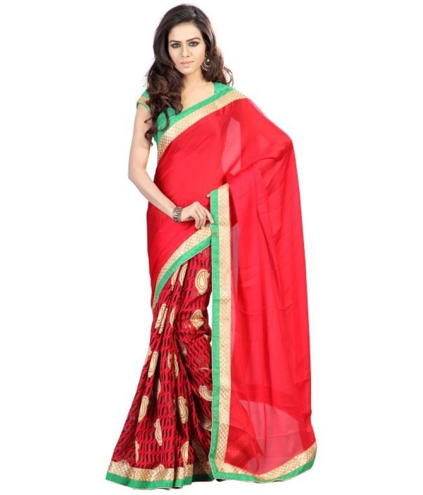     			Saadhvi Cotton Silk Embellished Saree Without Blouse Piece - Red ( Pack of 1 )