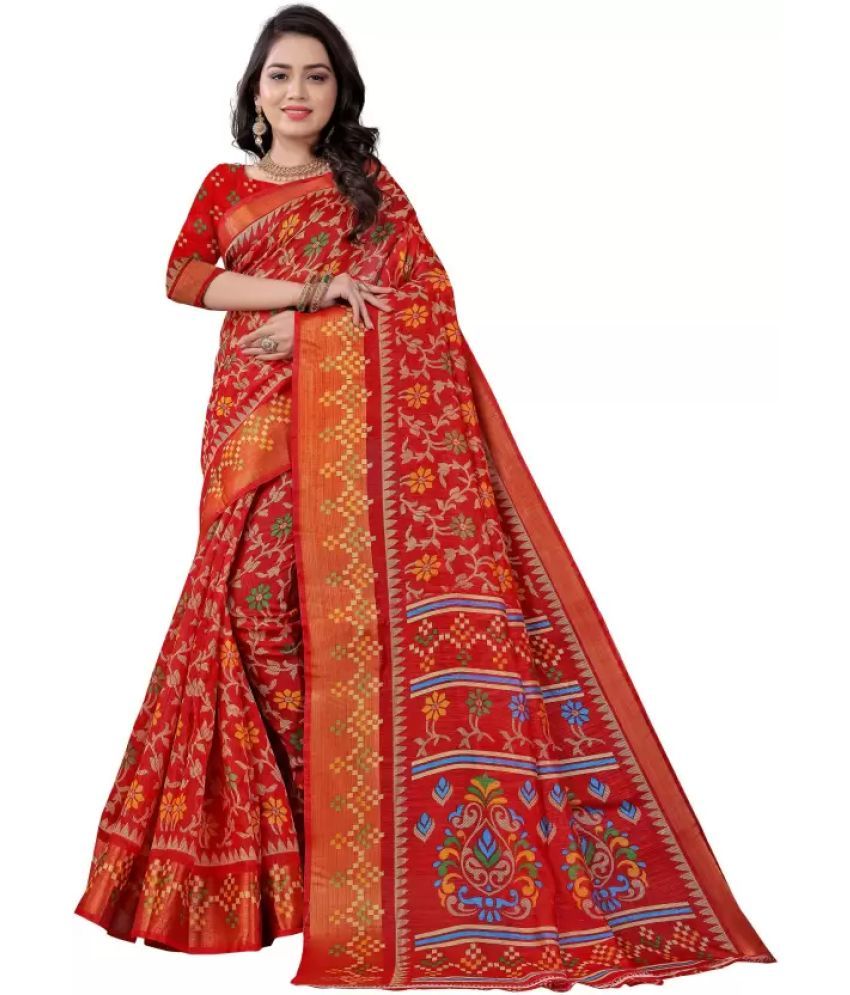     			Saadhvi Cotton Silk Printed Saree With Blouse Piece - Red ( Pack of 1 )