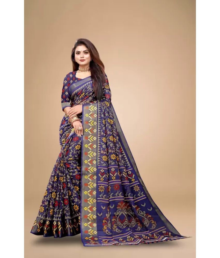     			Saadhvi Cotton Silk Printed Saree With Blouse Piece - Navy Blue ( Pack of 1 )