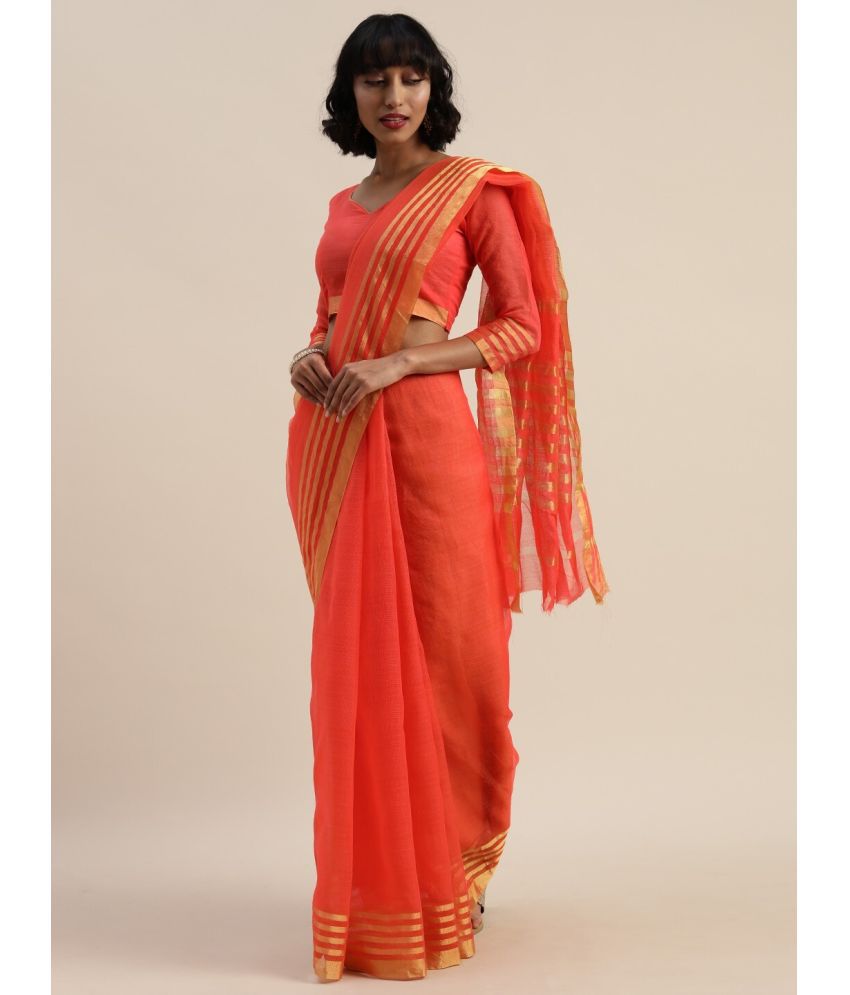    			Saadhvi Cotton Silk Self Design Saree Without Blouse Piece - Orange ( Pack of 1 )