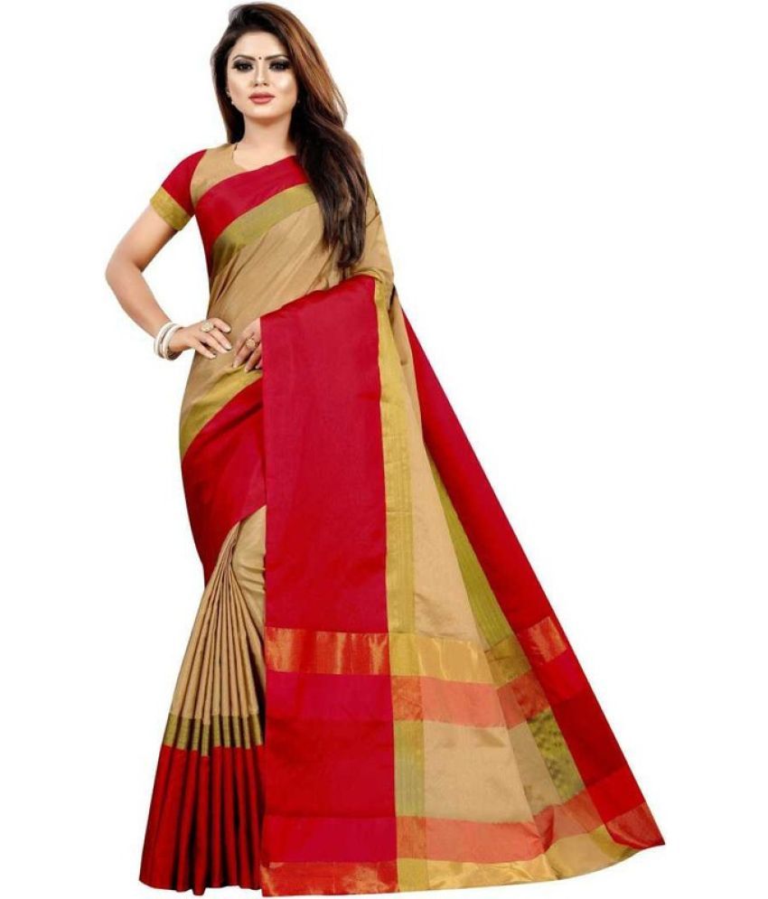     			Saadhvi Cotton Silk Self Design Saree Without Blouse Piece - Beige ( Pack of 1 )