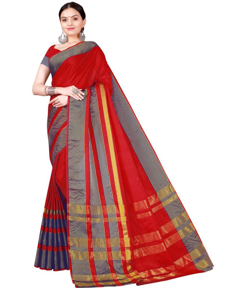     			Saadhvi Cotton Silk Self Design Saree Without Blouse Piece - Red ( Pack of 1 )
