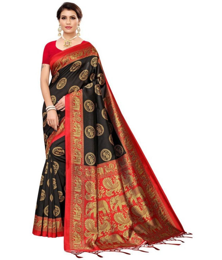     			Saadhvi Cotton Silk Self Design Saree Without Blouse Piece - Black ( Pack of 1 )