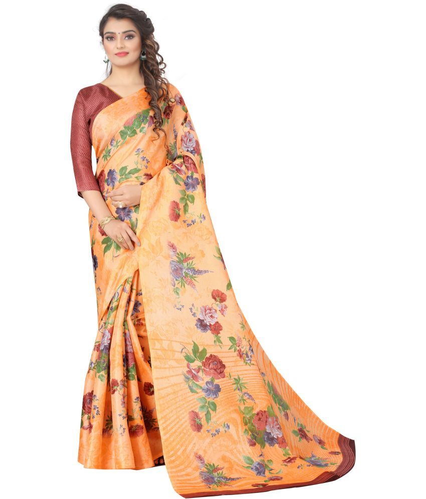     			Saadhvi Cotton Silk Self Design Saree Without Blouse Piece - Orange ( Pack of 1 )