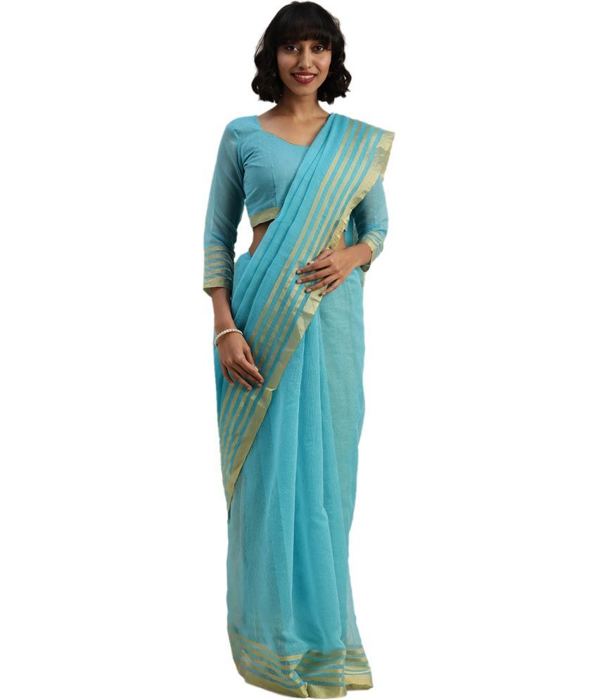     			Saadhvi Cotton Silk Woven Saree Without Blouse Piece - Light Blue ( Pack of 1 )