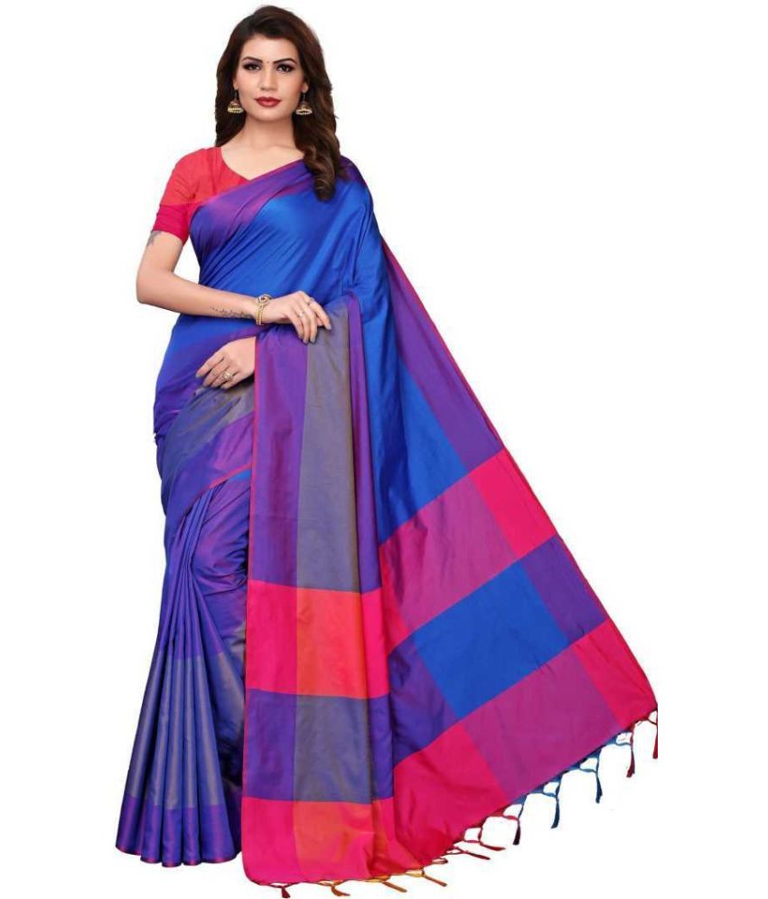     			Saadhvi Cotton Silk Woven Saree Without Blouse Piece - Blue ( Pack of 1 )