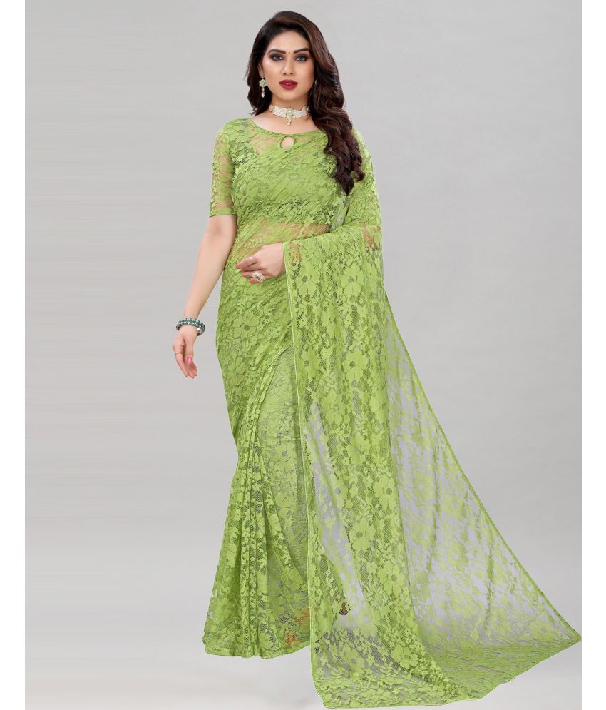     			Saadhvi Net Cut Outs Saree Without Blouse Piece - Lime Green ( Pack of 1 )