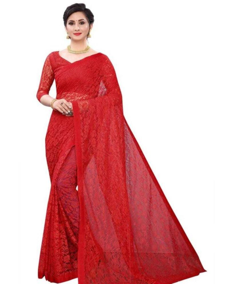     			Saadhvi Net Cut Outs Saree Without Blouse Piece - Red ( Pack of 1 )
