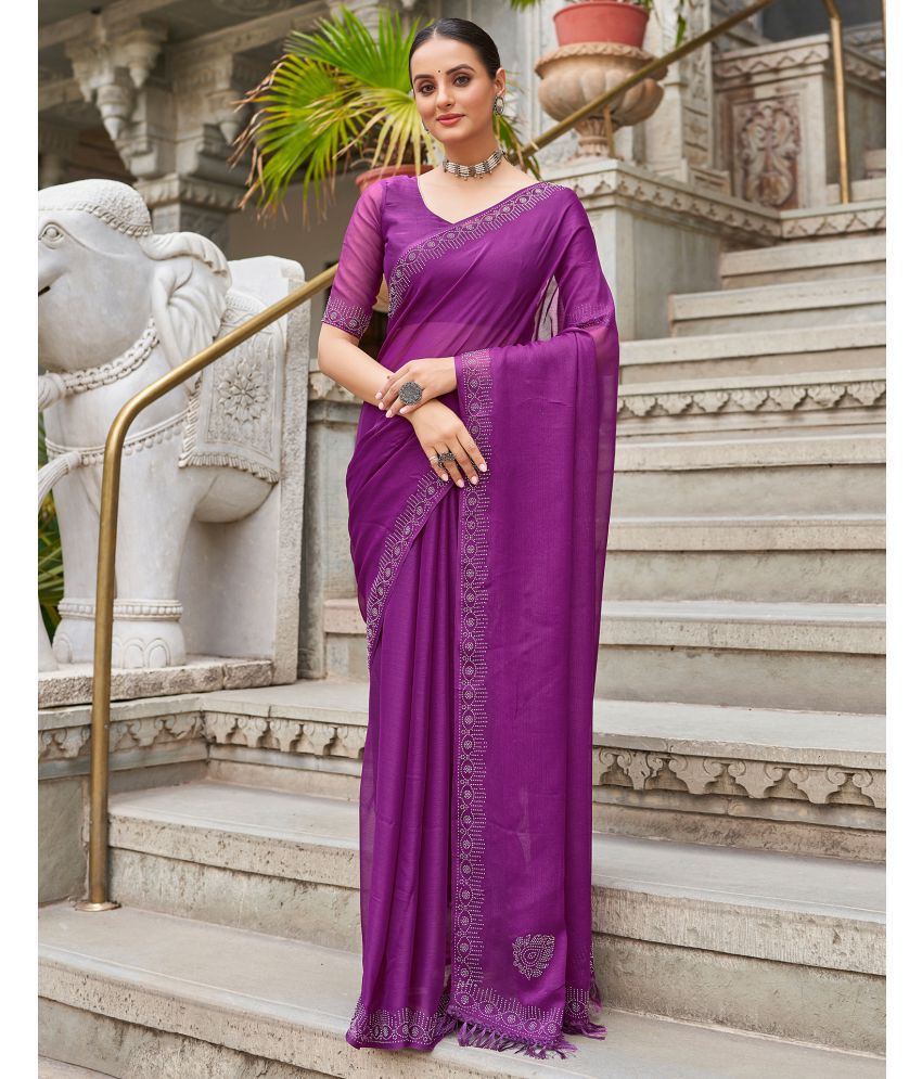     			Satrani Chiffon Embellished Saree With Blouse Piece - Purple ( Pack of 1 )