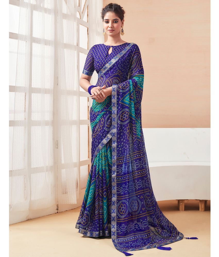     			Satrani Chiffon Printed Saree With Blouse Piece - Navy Blue ( Pack of 1 )