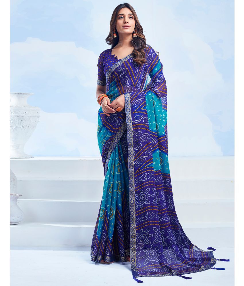     			Satrani Chiffon Printed Saree With Blouse Piece - Navy Blue ( Pack of 1 )