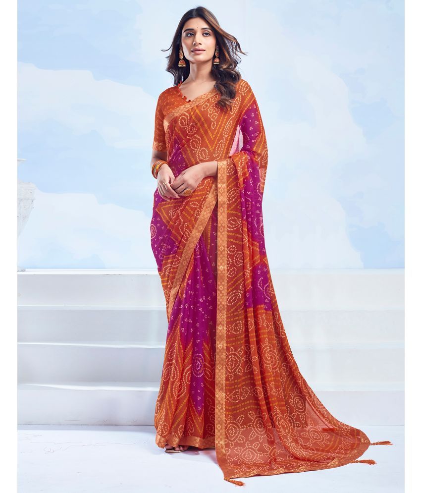     			Satrani Chiffon Printed Saree With Blouse Piece - Orange ( Pack of 1 )