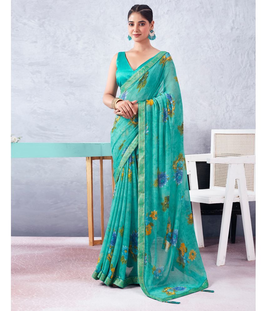     			Satrani Chiffon Printed Saree With Blouse Piece - Turquoise ( Pack of 1 )