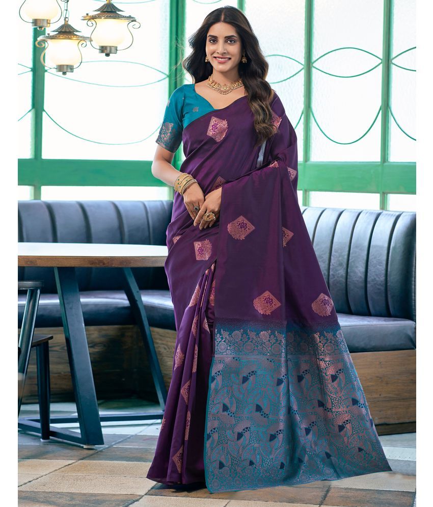     			Satrani Silk Blend Woven Saree With Blouse Piece - Purple ( Pack of 1 )