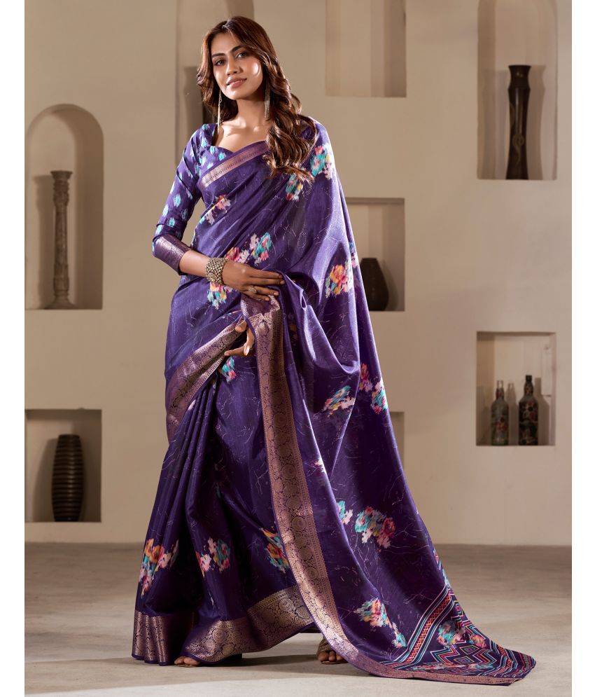     			Satrani Silk Printed Saree With Blouse Piece - Purple ( Pack of 1 )