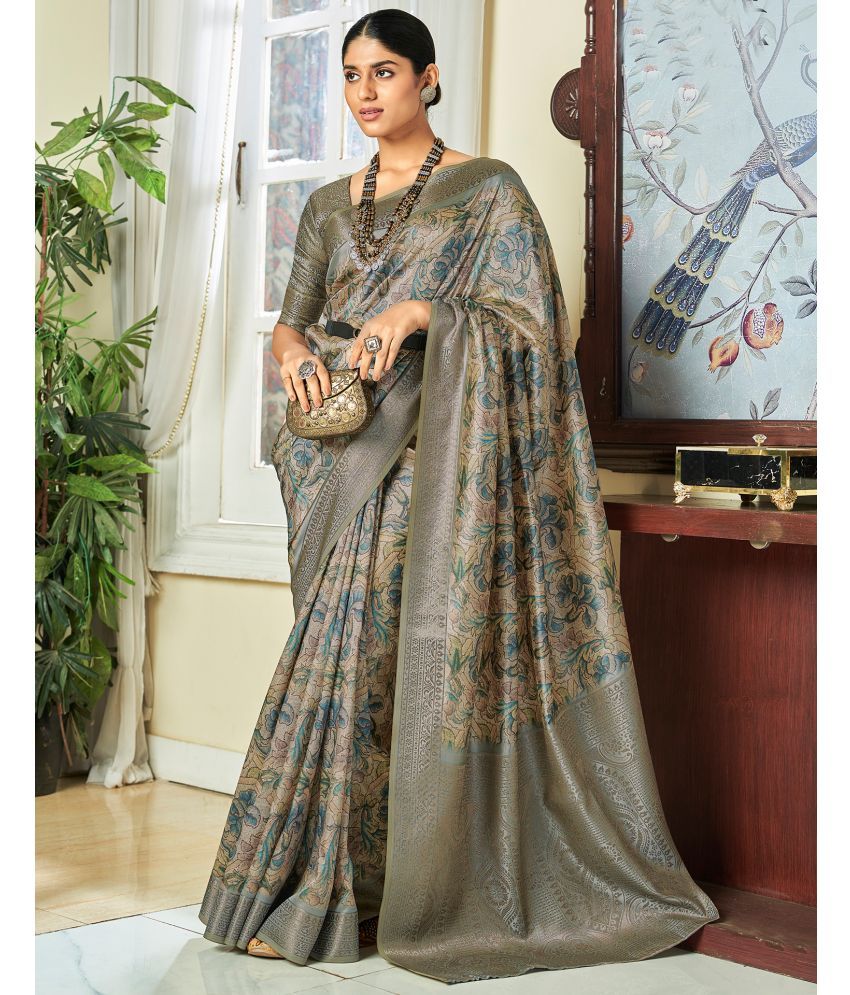     			Satrani Silk Printed Saree With Blouse Piece - Grey ( Pack of 1 )