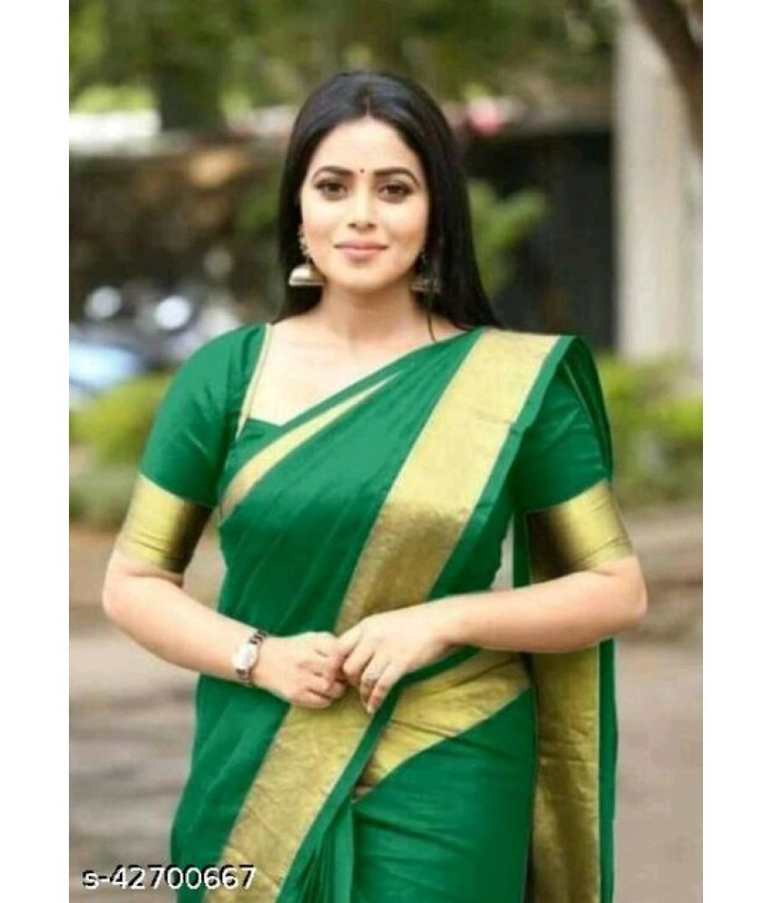     			Vkaran Cotton Silk Applique Saree Without Blouse Piece - Green ( Pack of 1 )