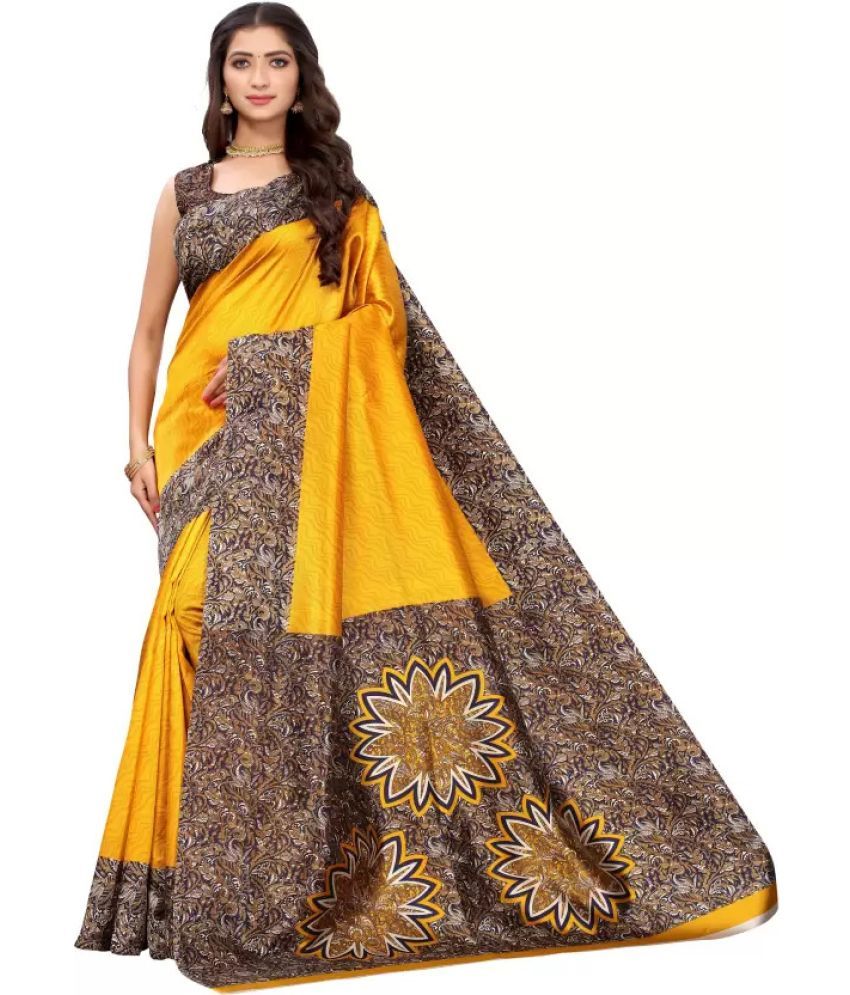     			Vkaran Cotton Silk Applique Saree Without Blouse Piece - Yellow ( Pack of 1 )