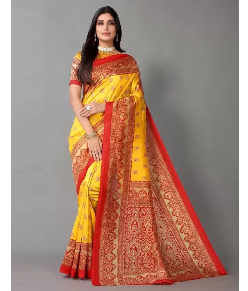     			Vkaran Cotton Silk Applique Saree Without Blouse Piece - Yellow ( Pack of 2 )