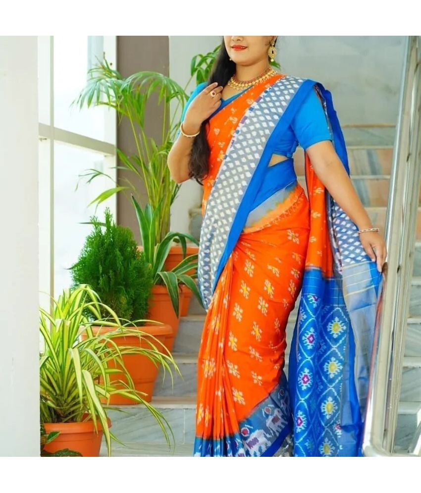    			Vkaran Cotton Silk Applique Saree Without Blouse Piece - Orange ( Pack of 2 )