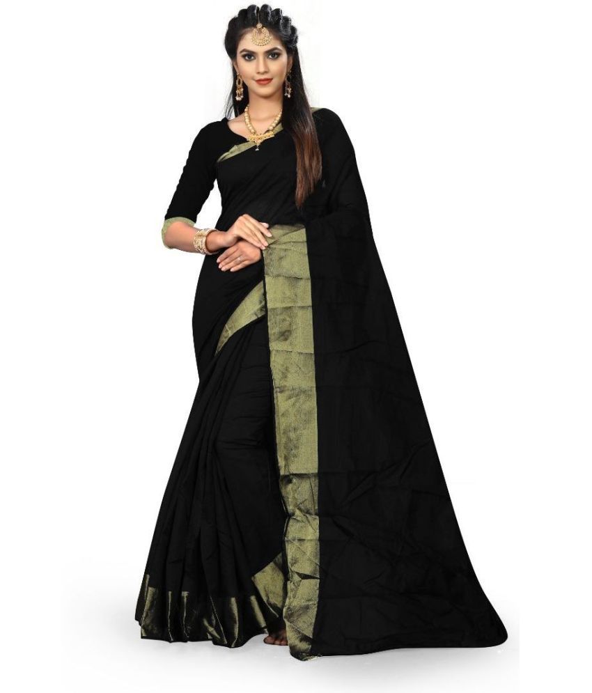     			Vkaran Cotton Silk Applique Saree Without Blouse Piece - Black ( Pack of 1 )