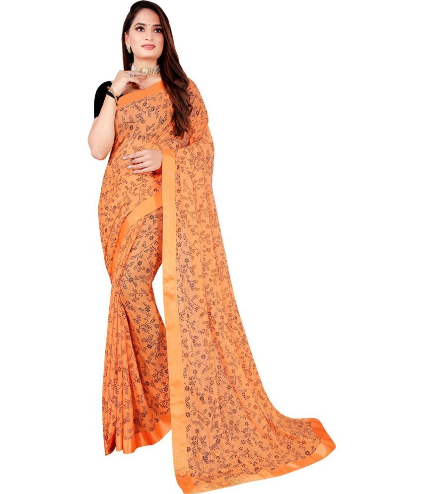     			Vkaran Net Cut Outs Saree With Blouse Piece - Orange ( Pack of 1 )