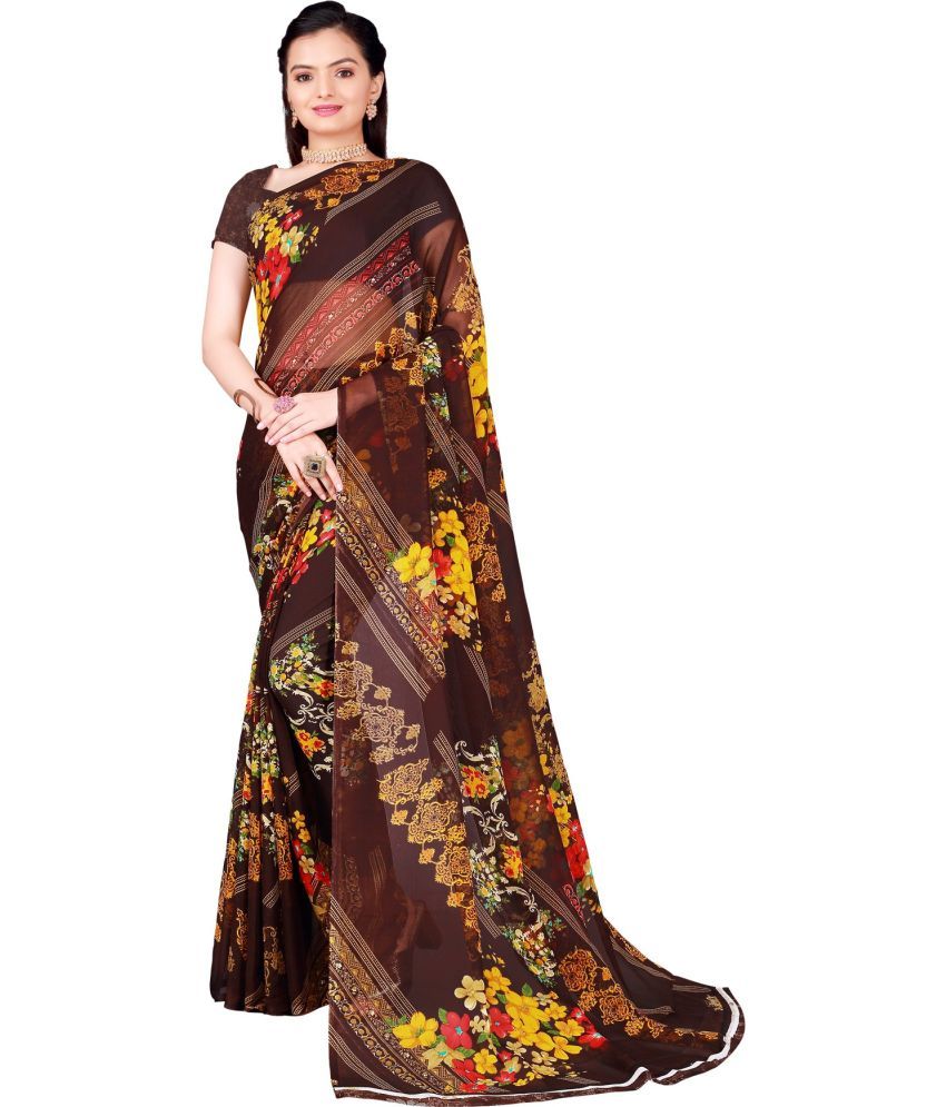     			Vkaran Net Cut Outs Saree With Blouse Piece - Brown ( Pack of 1 )