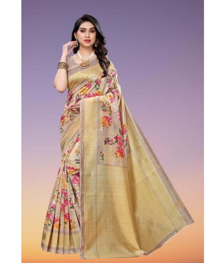     			Vkaran Net Cut Outs Saree With Blouse Piece - Cream ( Pack of 1 )