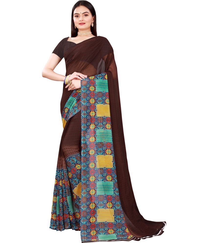     			Vkaran Net Cut Outs Saree With Blouse Piece - Brown ( Pack of 1 )