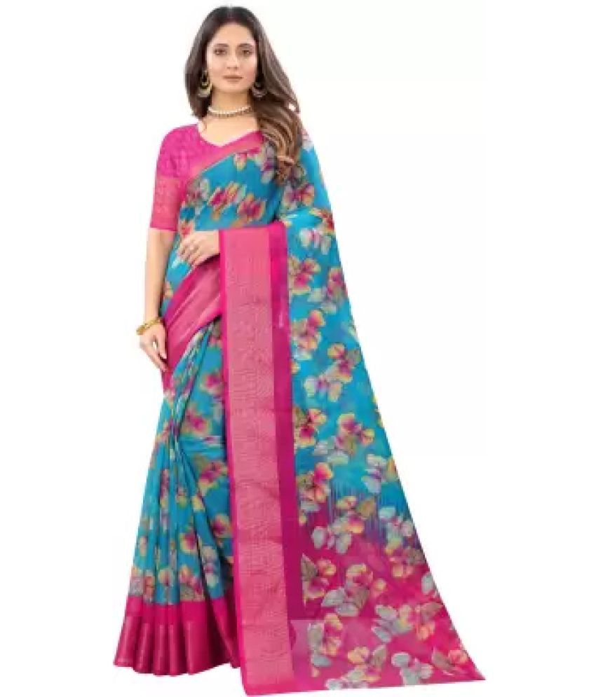     			Vkaran Net Cut Outs Saree With Blouse Piece - Turquoise ( Pack of 1 )