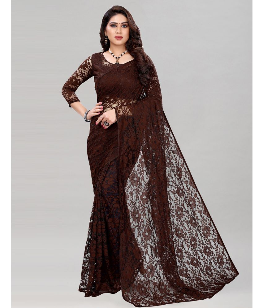     			Vkaran Net Cut Outs Saree With Blouse Piece - Brown ( Pack of 1 )