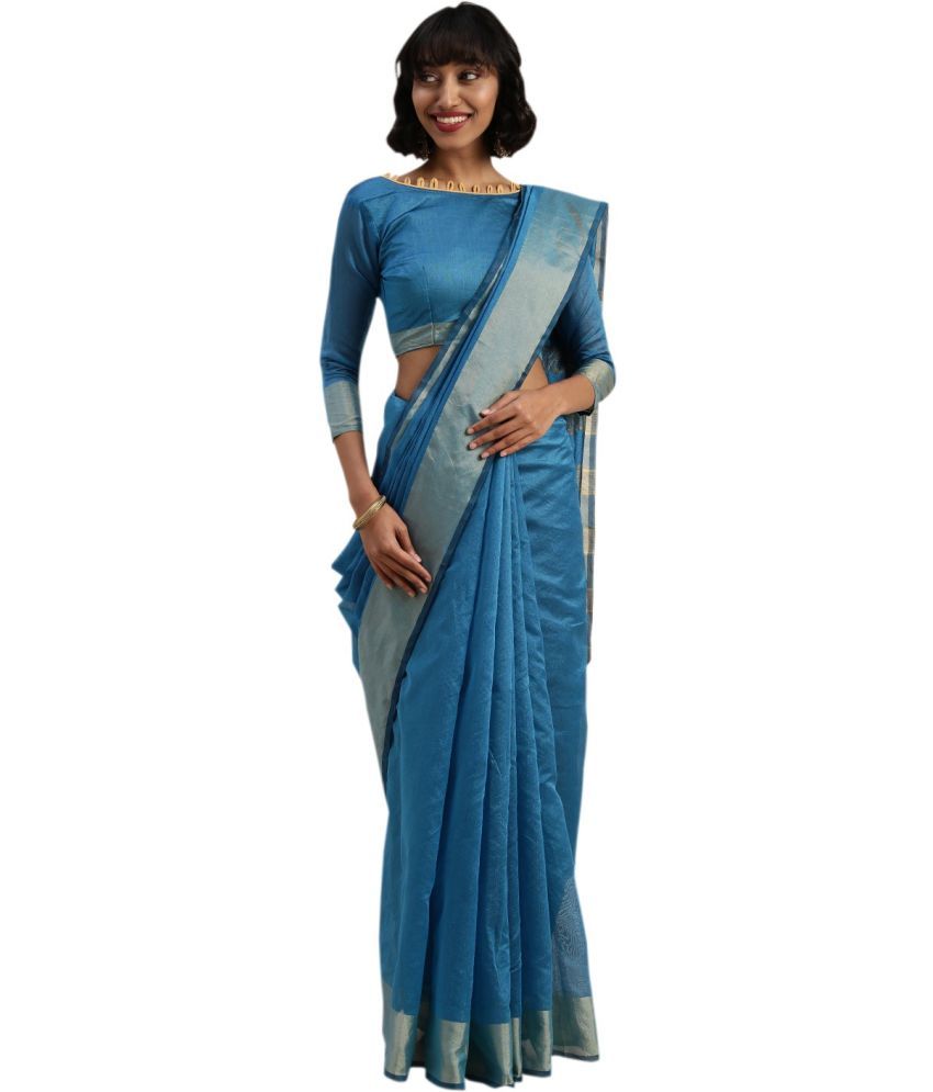     			Vkaran Net Cut Outs Saree With Blouse Piece - Blue ( Pack of 1 )