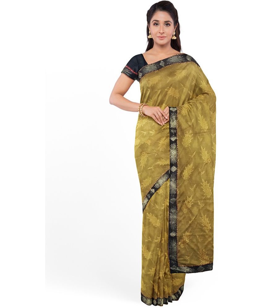     			Vkaran Net Cut Outs Saree With Blouse Piece - Yellow ( Pack of 1 )