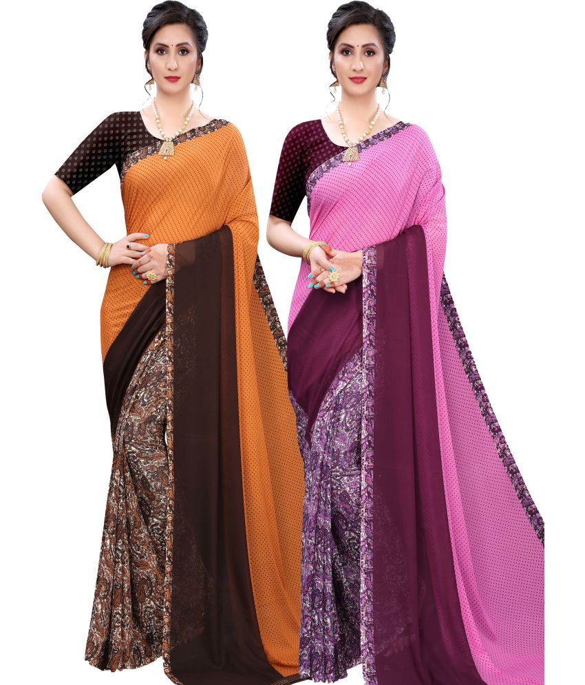     			Vkaran Net Cut Outs Saree With Blouse Piece - Orange ( Pack of 1 )