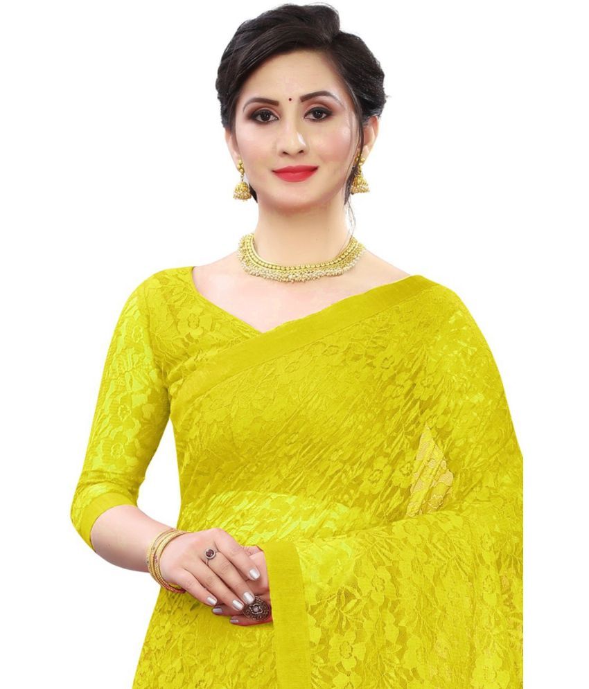     			Vkaran Net Cut Outs Saree With Blouse Piece - Yellow ( Pack of 1 )