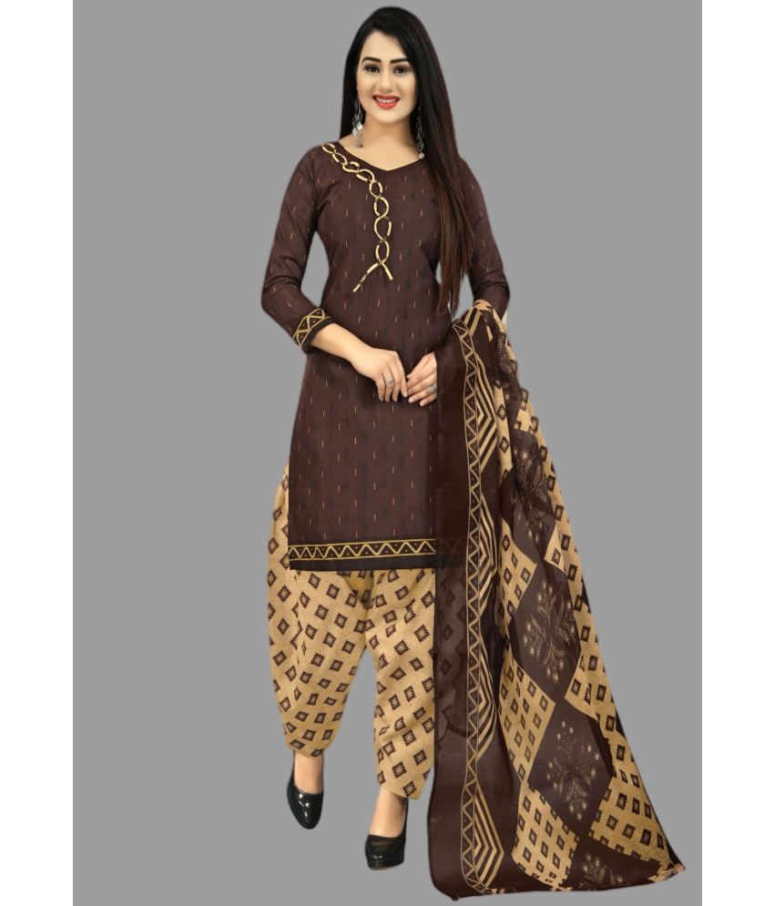     			WOW ETHNIC Unstitched Cotton Blend Printed Dress Material - Brown ( Pack of 1 )