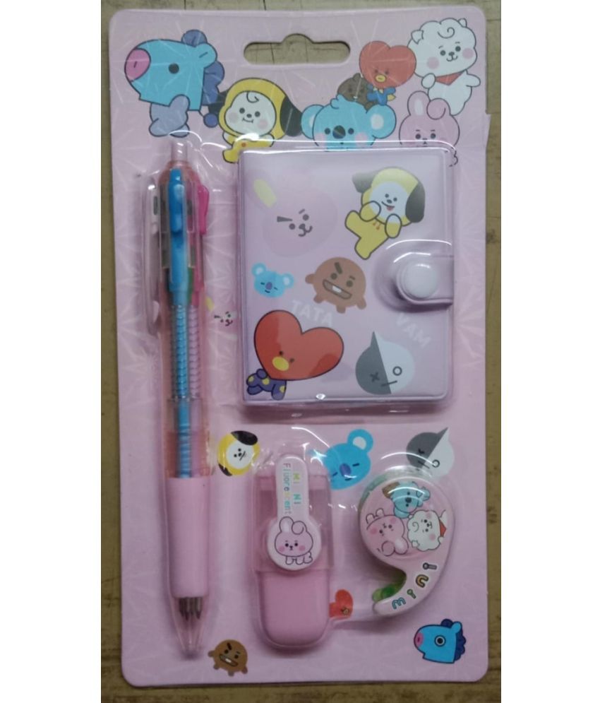     			2396YY YESKART  -4 PC PINK  BTS  THEME STATIONERY SET FOR KIDS /Set of Super Cute Pocket Diary, Pen( 6 in 1) , Correction Tape& HIGHLIGHTER Stationery Items in Unicorn Theme Stationery Kit Birthday Gift Set Space Theme Return Gift Party Favors