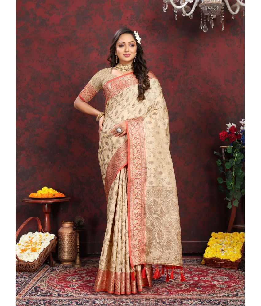     			OFLINE SELCTION Silk Blend Self Design Saree With Blouse Piece - Cream ( Pack of 1 )