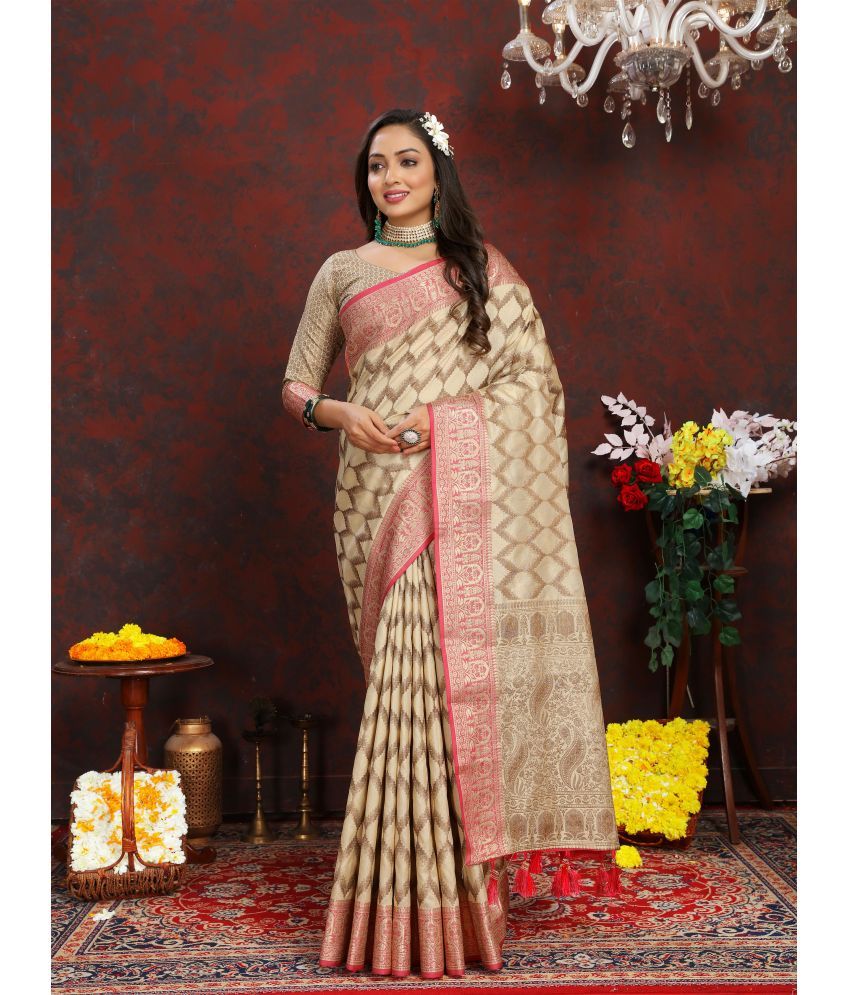     			OFLINE SELCTION Silk Blend Woven Saree With Blouse Piece - Cream ( Pack of 1 )