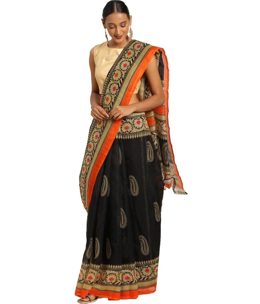     			Saadhvi Cotton Silk Applique Saree Without Blouse Piece - Black ( Pack of 1 )