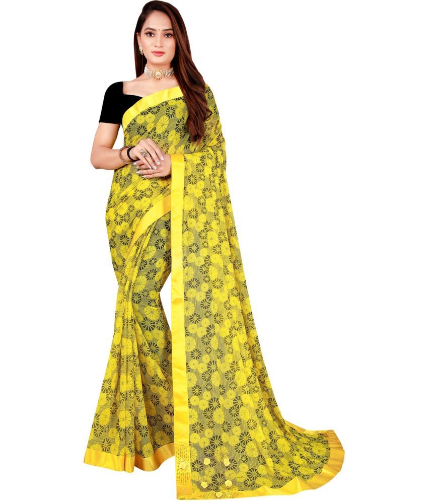     			Saadhvi Net Cut Outs Saree With Blouse Piece - Yellow ( Pack of 1 )