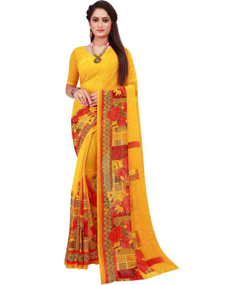     			Saadhvi Net Cut Outs Saree With Blouse Piece - Yellow ( Pack of 1 )