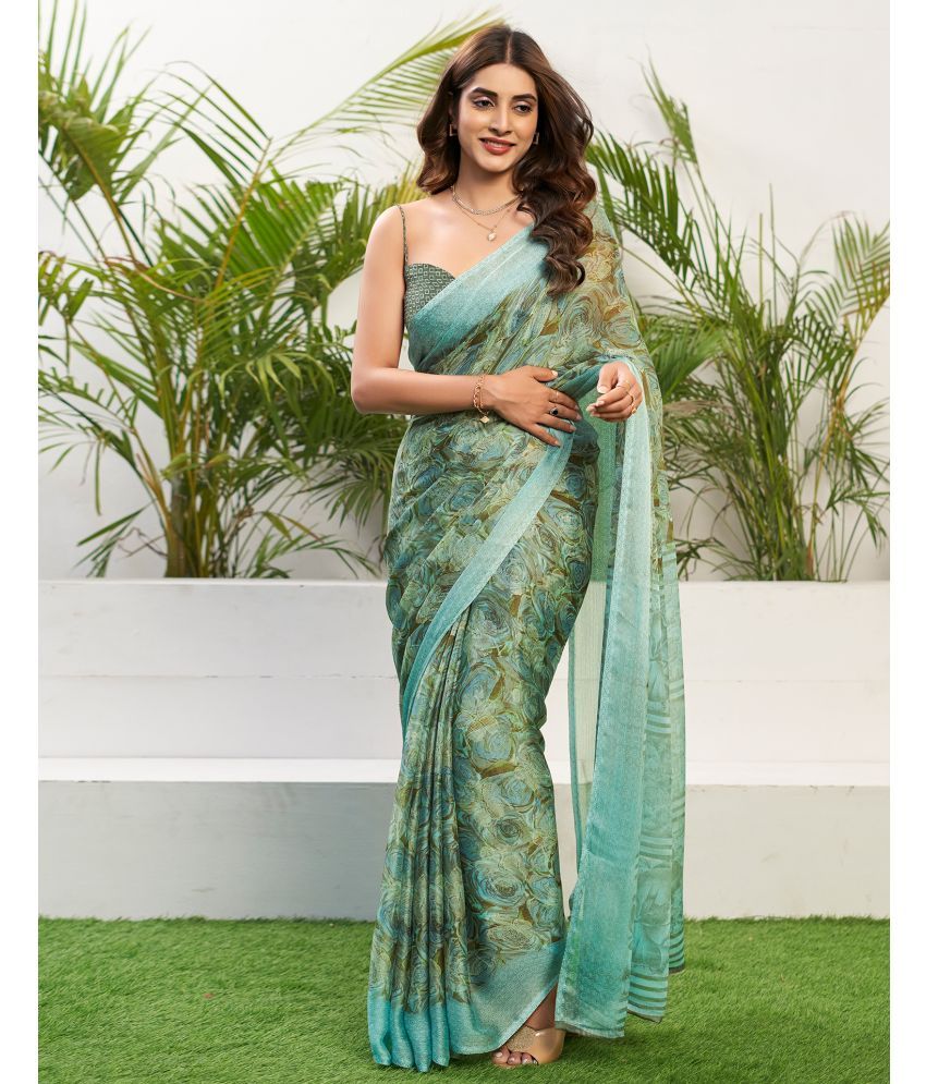     			Samah Chiffon Printed Saree With Blouse Piece - Skyblue ( Pack of 1 )