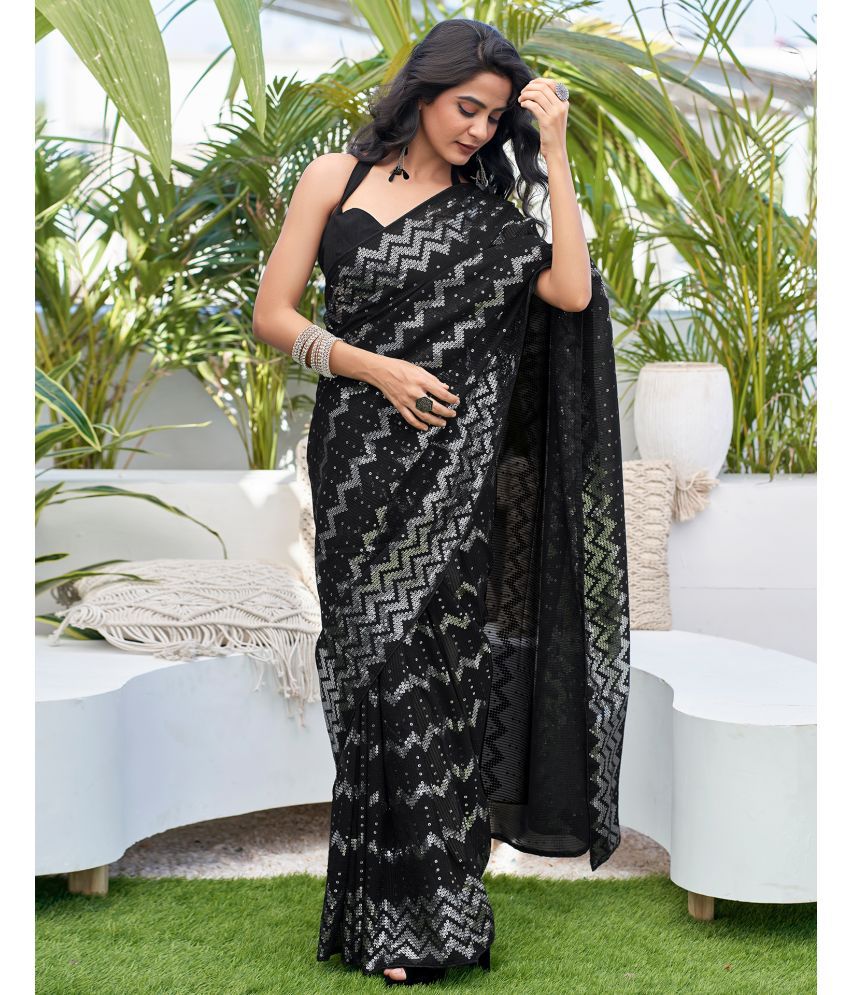     			Samah Georgette Embellished Saree With Blouse Piece - Black ( Pack of 1 )