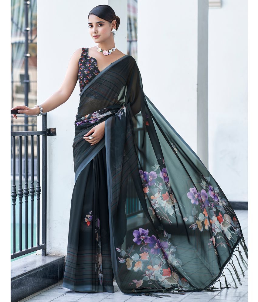     			Samah Georgette Printed Saree With Blouse Piece - Black ( Pack of 1 )