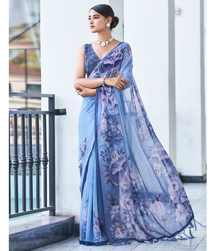     			Samah Georgette Printed Saree With Blouse Piece - Blue ( Pack of 1 )